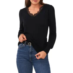 Vince Camuto V-Neck Lace-Trim Top