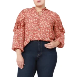 Plus Floral Ruffle-Shoulder Tie-Up-Neck Top