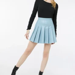 Ardene A.C.W. Faux Leather Pleated Skirt In Blue | Size | Faux Leather/Polyester