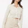 Ardene Ultra-Cropped Printed Shirt In Beige | Size | Polyester