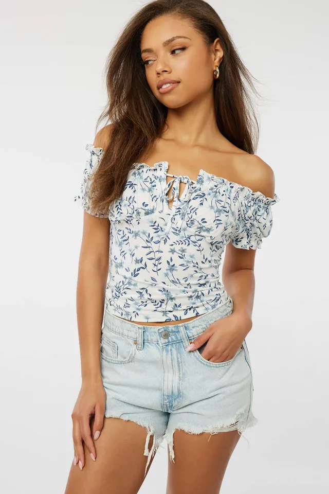 Ardene Cap Sleeve Milkmaid Top In Lt. | Size | Polyester/Spandex 1 Ardene Cap Sleeve Milkmaid Top In Lt. | Size | Polyester/Spandex