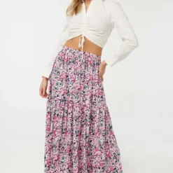 Ardene Tiered Crepe Maxi Skirt In Pink | Size | Polyester/Spandex