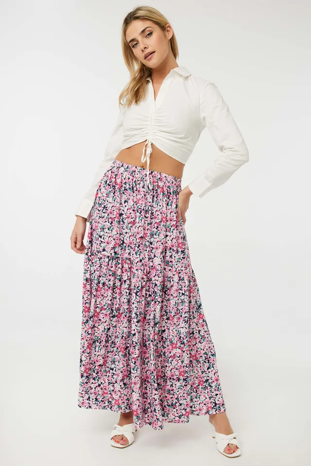 Ardene Tiered Crepe Maxi Skirt In Pink | Size | Polyester/Spandex 1 Ardene Tiered Crepe Maxi Skirt In Pink | Size | Polyester/Spandex