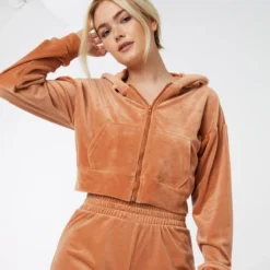 Ardene Velour Lounge Zip-Up Hoodie In Beige | Size | Polyester/Spandex