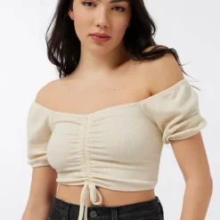 Ardene Puff Sleeve Bustier Top In Beige | Size | Polyester/Rayon/Spandex