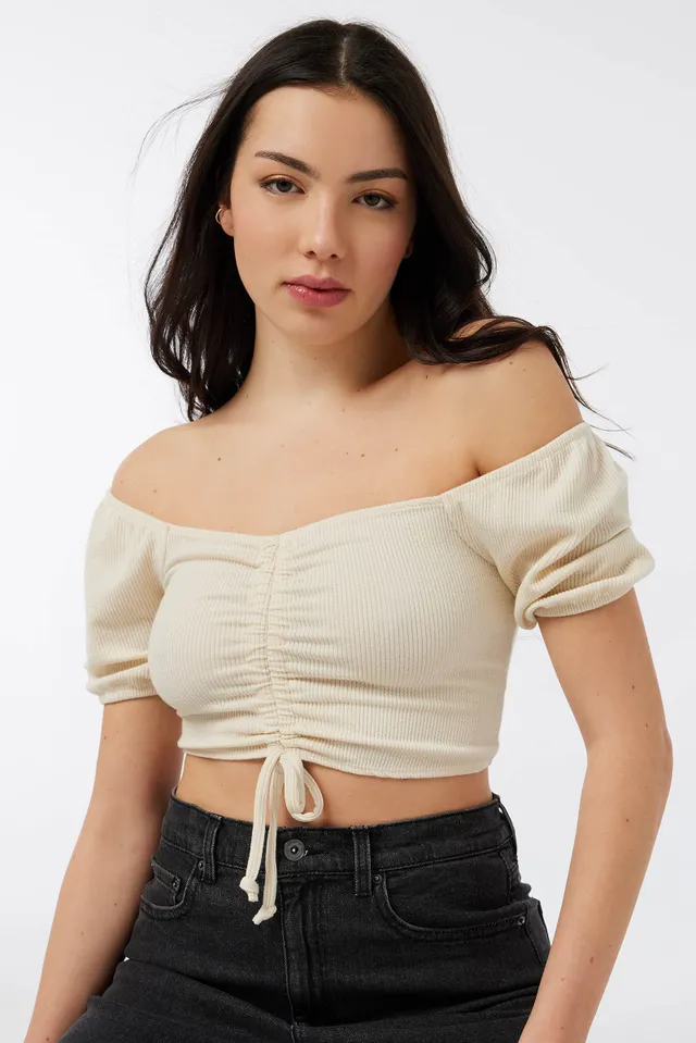Ardene Puff Sleeve Bustier Top In Beige | Size | Polyester/Rayon/Spandex 1 Ardene Puff Sleeve Bustier Top In Beige | Size | Polyester/Rayon/Spandex