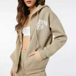 Ardene Canadian City Zip-Up Hoodie In Beige | Size | Polyester | Fleece-Lined