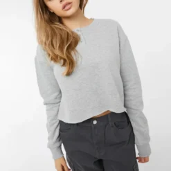 Ardene Cropped Henley Sweatshirt In Grey | Size | Polyester/Cotton | Fleece-Lined