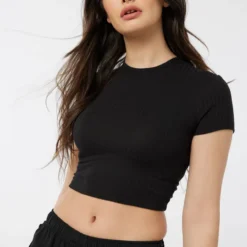 Ardene Cropped Lace-Back Tee In | Size | Polyester/Spandex