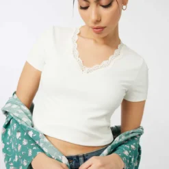 Ardene Crop V-Neck Tee With Lace Trim In White | Size | Polyester/Spandex