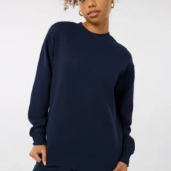 Ardene Solid Crew Neck Sweatshirt In Dk. Blue | Size | Polyester/Cotton | Fleece-Lined