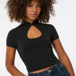 Ardene Mandarin Collar Crop Top In Black | Size | Polyester/Spandex