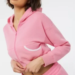 Ardene Cropped Zip-Up Hoodie With Accent Pockets In Lt. Pink | Size | Polyester