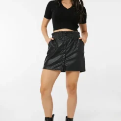 Ardene Faux Leather Paper Bag Mini Skirt In Black | Size | Faux Leather/Polyester