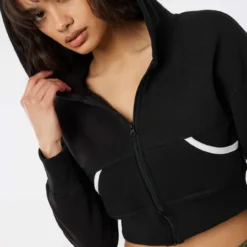 Ardene Cropped Zip-Up Hoodie With Accent Pockets In Black | Size | Polyester