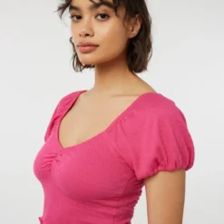 Ardene Cropped Ruched Top With Balloon Sleeves In | Size | Polyester/Rayon/Spandex