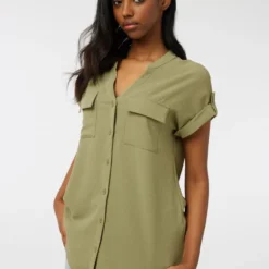 Ardene Tunic Shirt With Mao Collar In Khaki | Size | Polyester/Elastane