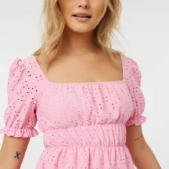 Ardene Eyelet Lace Balloon Sleeve Top In Lt. Pink | Size | Polyester/Spandex
