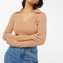 Ardene Johnny Collar Long Sleeve Cropped Top In | Size | Polyester/Rayon/Spandex