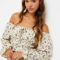 Ardene Daisy Floral Long Sleeve Milkmaid Top In Beige | Size | Polyester