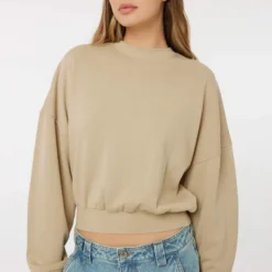 Ardene Oversized Crew Neck Sweatshirt In Beige | Size | Polyester/Cotton | Fleece-Lined