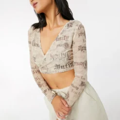 Ardene Printed Wrap Front Mesh Top In Beige | Size | Polyester