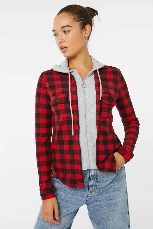 Ardene 2-in-1 Plaid Shirt Hoodie In | Size | Polyester/Spandex 2 Ardene 2-in-1 Plaid Shirt Hoodie In | Size | Polyester/Spandex - Image 2