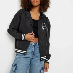 Ardene Varsity Bomber With Hood In Black | Size | Polyester