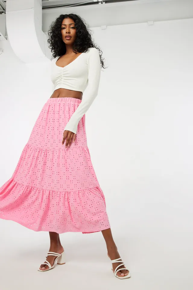 Ardene Maxi Eyelet LaceTiered Skirt In Lt. Pink | Size | Polyester/Spandex 1 Ardene Maxi Eyelet LaceTiered Skirt In Lt. Pink | Size | Polyester/Spandex