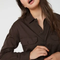 Ardene Long Button-Up Shirt In Brown | Size