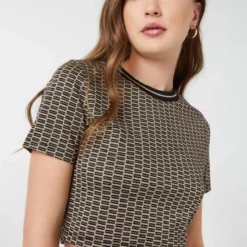 Ardene Ultra-Cropped Jacquard Tee In Black | Size | Polyester/Elastane/Viscose