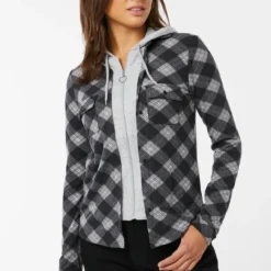 Ardene 2-in-1 Plaid Shirt Hoodie In | Size | Polyester/Spandex