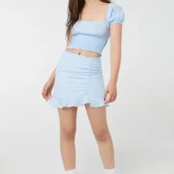 Ardene Gingham Ruffle Hem Mini Skirt In Blue | Size | Polyester