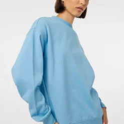 Ardene Solid Crew Neck Sweatshirt In Med. Blue | Size | Polyester/Cotton | Fleece-Lined