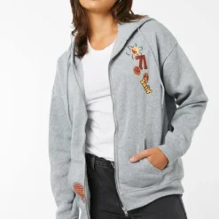 Ardene Zip-Up Hoodie With Embroideries In Grey | Size | Polyester | Fleece-Lined