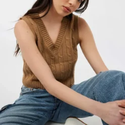 Ardene Cable Sweater Vest In Beige | Size Small | 100% Acrylic